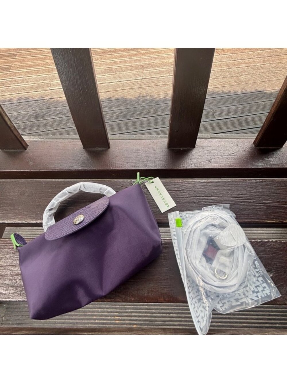 Longchamp Mini Top-Handle Bag in Purple with Lime Trim